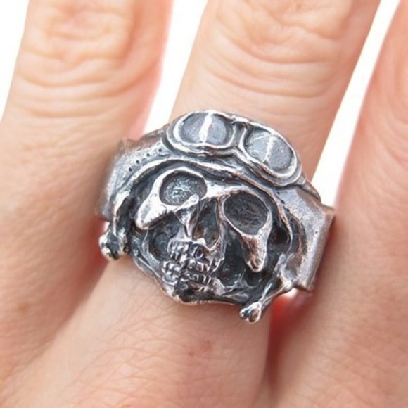 925 Sterling Silver Vintage Aviator Pilot Skull Oxidized Ring Size 10.5